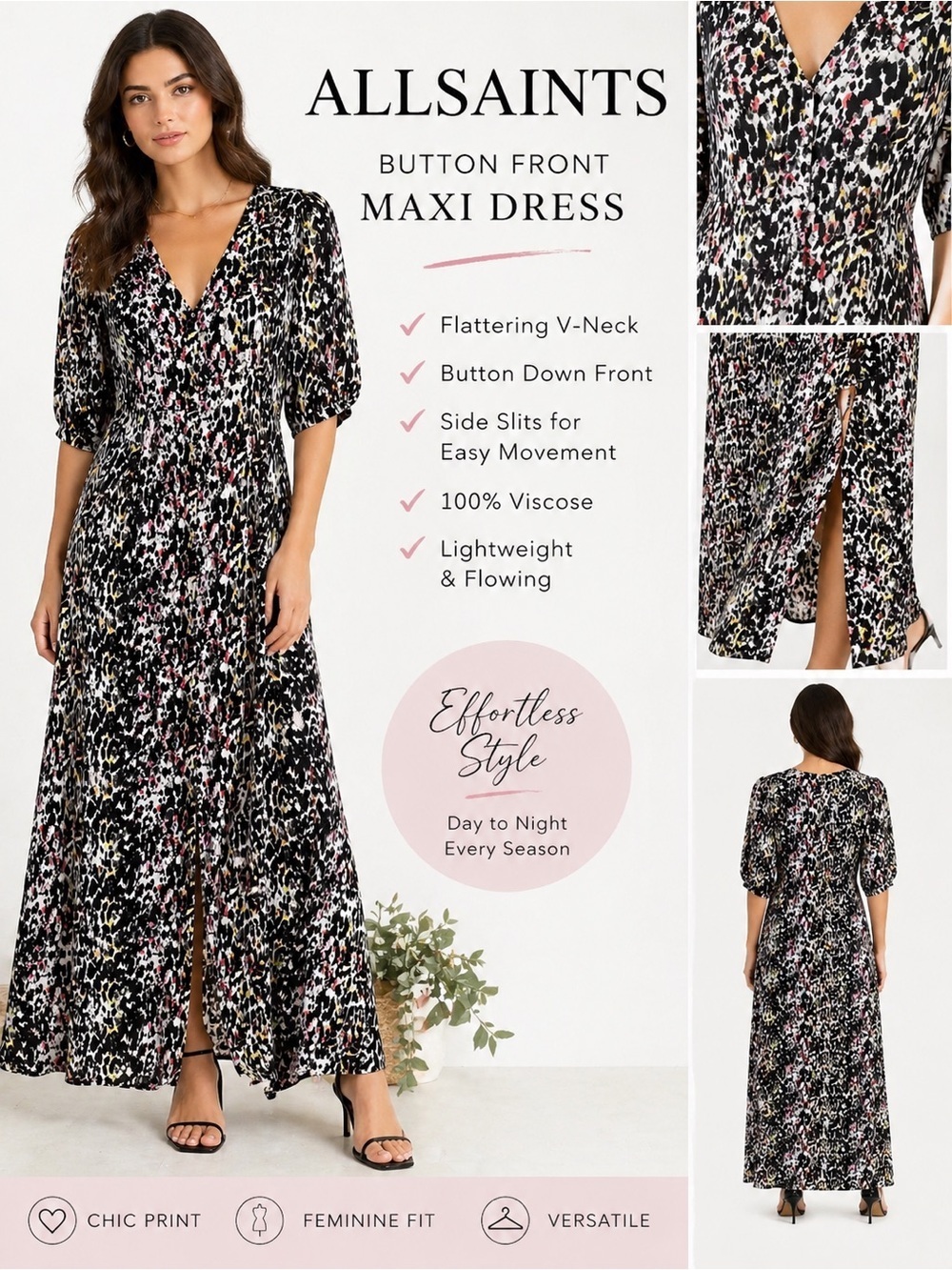 AllSaints Button-Front Printed Maxi Dress Animal Print V-Neck w/ Side Slits M